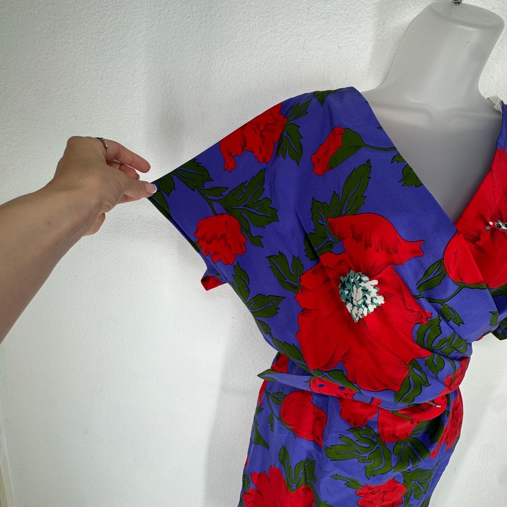 Vintage Silk Floral Poppy Wrap Dress Purple Petite 12 Resortwear Garden Party - Picture 4 of 7